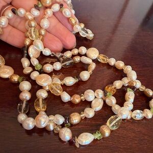 Honora Pearl Peridot Citrine And Smoky Topaz Double Strand Necklace 36"